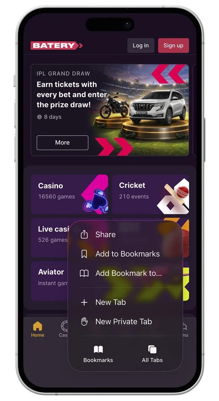 Open the Safari browser menu to begin installing the Batery app.